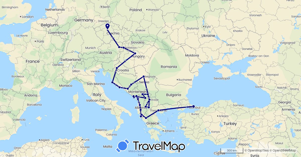 TravelMap itinerary: driving in Albania, Austria, Bosnia and Herzegovina, Greece, Croatia, Hungary, Montenegro, Macedonia, Serbia, Slovakia, Turkey, Kosovo (Asia, Europe)